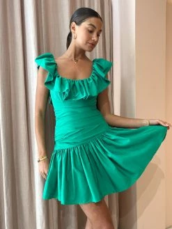 Alemais Doria Ruffle Neck Mini Dress In Emerald -Coco & Lola SHOP Alemais1 Lowres 18 600x