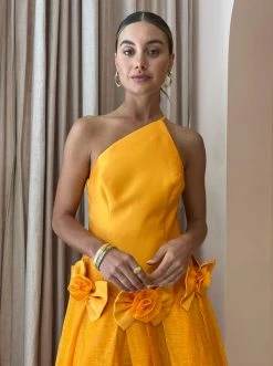 Alemais Macie One Shoulder Rosette Dress In Saffron -Coco & Lola SHOP Alemais Lowres 53 fb67be37 bb13 4819 bc42 d6f5ffd8c319 600x