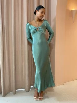Bec & Bridge Malyka L/S Maxi Dress In Moss Green