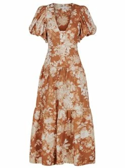 Shona Joy Capucine Plunged Short Sleeve Midi Dress In Almond/Multi -Coco & Lola SHOP Capucine Midi 600x