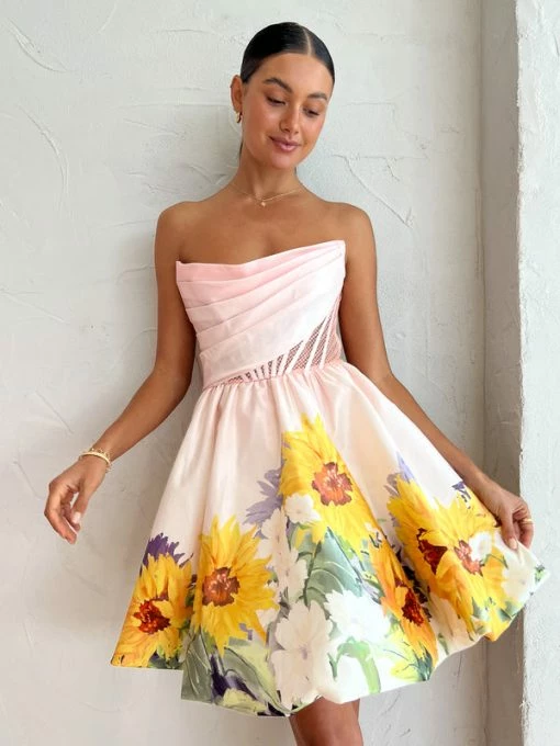 Leo Lin Katy Bustier Mini Dress In Sunflower Print In Pink 7 Leo Lin Katy Bustier Mini Dress In Sunflower Print In Pink -Coco & Lola SHOP LeoLin 1 Lowres 11 600x