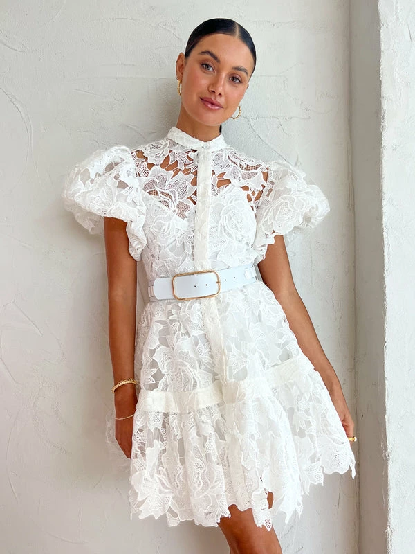 Leo Lin Sonia Bishop Sleeve Lace Mini Dress In Snow 3 Leo Lin Sonia Bishop Sleeve Lace Mini Dress In Snow