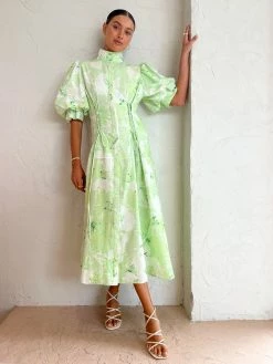 Leo Lin Anneke Drawstring Midi Dress In Jasmine Print Sage -Coco & Lola SHOP LeoLin 1 Lowres 149 600x