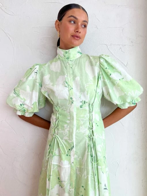 Leo Lin Anneke Drawstring Midi Dress In Jasmine Print Sage 4 Leo Lin Anneke Drawstring Midi Dress In Jasmine Print Sage -Coco & Lola SHOP LeoLin 1 Lowres 152 600x