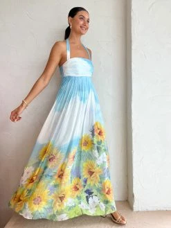 Leo Lin Claudette Silk Halterneck Maxi Dress In Sunflower Landscape