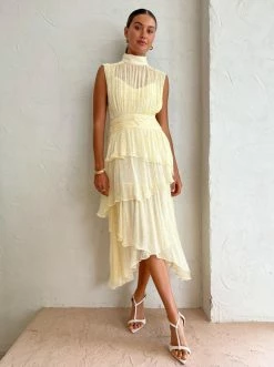 Shona Joy Gina Sleeveless Ruched Midi Dress In Limoncello