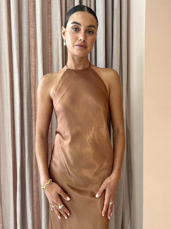 Shona Joy Low Back Halter Neck Midi Dress In Almond 4 Shona Joy Low Back Halter Neck Midi Dress In Almond - Image 2