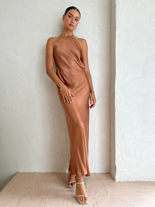 Shona Joy Low Back Halter Neck Midi Dress In Almond 3 Shona Joy Low Back Halter Neck Midi Dress In Almond