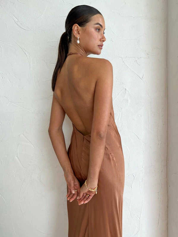 Shona Joy Low Back Halter Neck Midi Dress In Almond 6 Shona Joy Low Back Halter Neck Midi Dress In Almond - Image 4