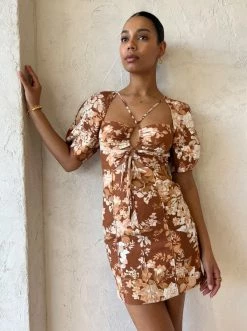 Shona Joy Capucine Lace Front Lantern Sleeve Mini Dress In Almond/Multi