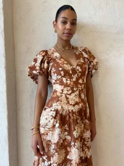 Shona Joy Capucine Plunged Short Sleeve Midi Dress In Almond/Multi -Coco & Lola SHOP ShonaJoy lowres 4 600x