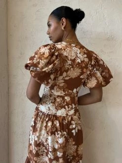 Shona Joy Capucine Plunged Short Sleeve Midi Dress In Almond/Multi -Coco & Lola SHOP ShonaJoy lowres 6 600x