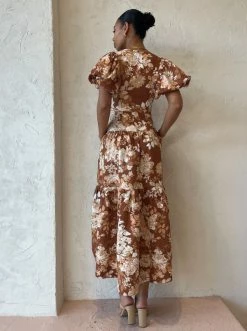 Shona Joy Capucine Plunged Short Sleeve Midi Dress In Almond/Multi -Coco & Lola SHOP ShonaJoy lowres 7 600x