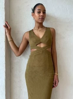 Shona Joy Simone V Neck Cut Out Midi Dress In Cumin -Coco & Lola SHOP Shona Low Res 101 600x
