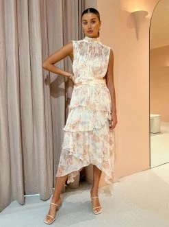 Shona Joy Faye Sleeveless Ruched Midi Dress In Blush/Multi