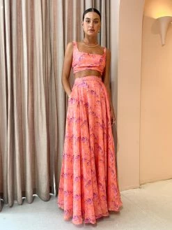 Sonya Serena Maxi Skirt In Peach Watercolour Print