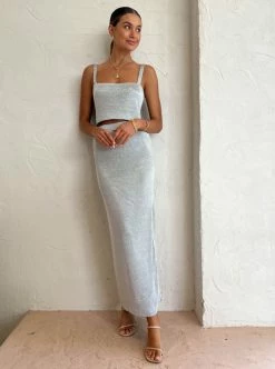 Coco & Lola SHOP 42 Third Form Heavy Metal Knit Maxi Skirt In Silver